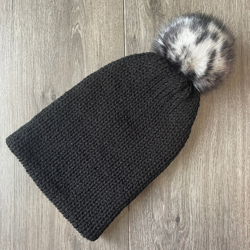 
            
                Load image into Gallery viewer, Handmade SnuffleBeanie - Black with Snow Leopard PomPom
            
        